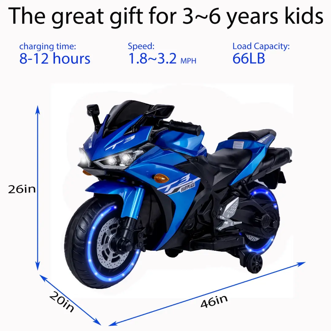 12V Blue Motorcycle For Kids 3 To 6 Years With Training Wheels