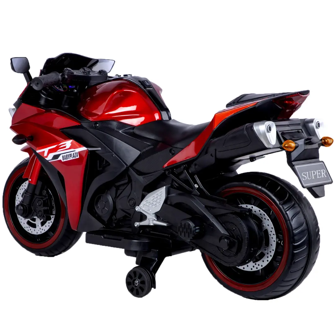 12V Red Motorcycle For Kids 3 To 6 Years With Training Wheels