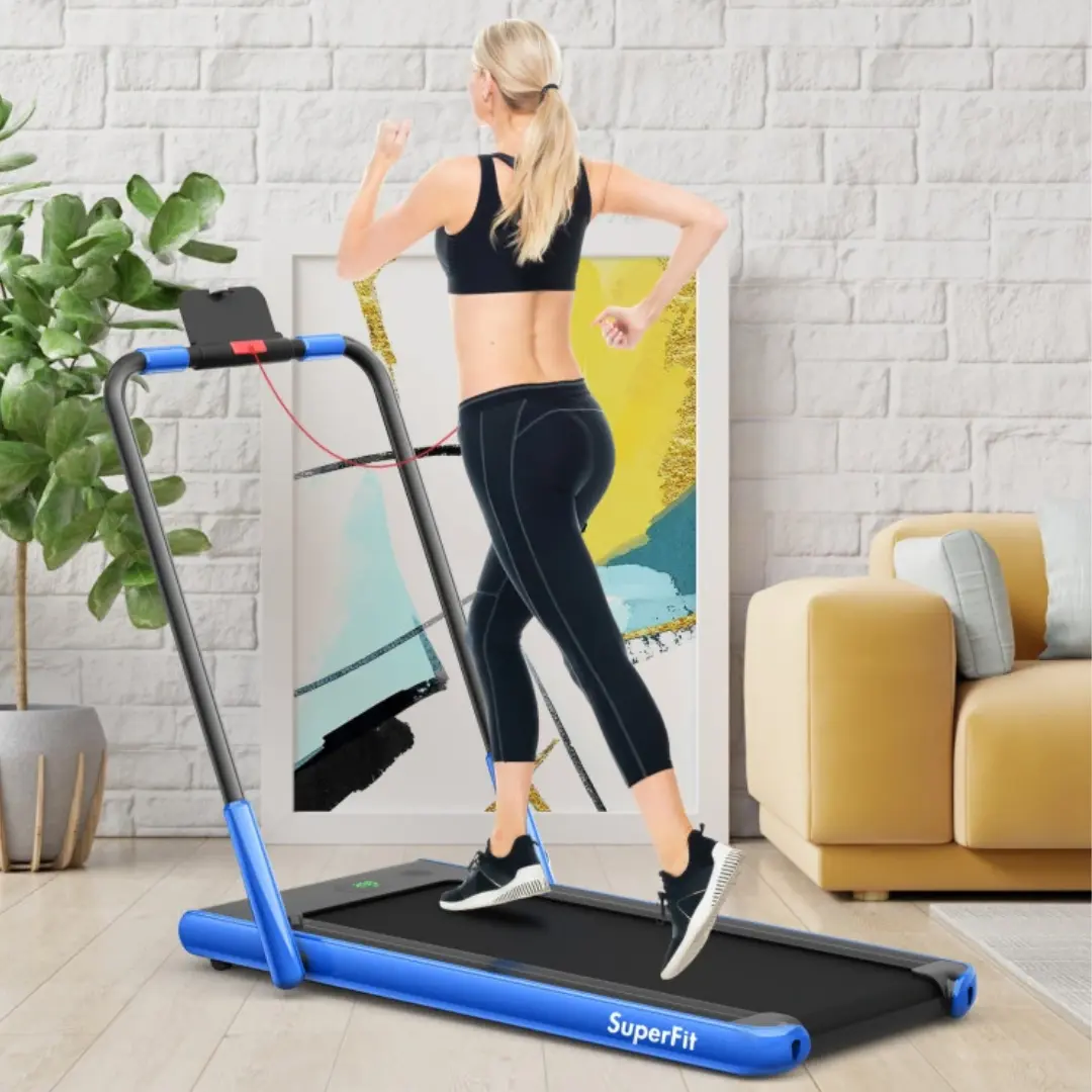 Blue 2-in-1 Folding Walking Pad Treadmill with Remote Control and LED Display