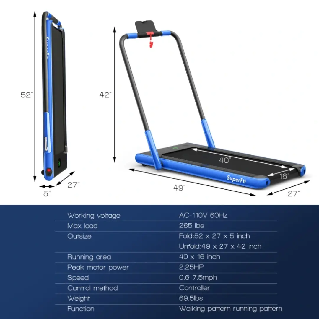 Blue 2-in-1 Folding Walking Pad Treadmill with Remote Control and LED Display