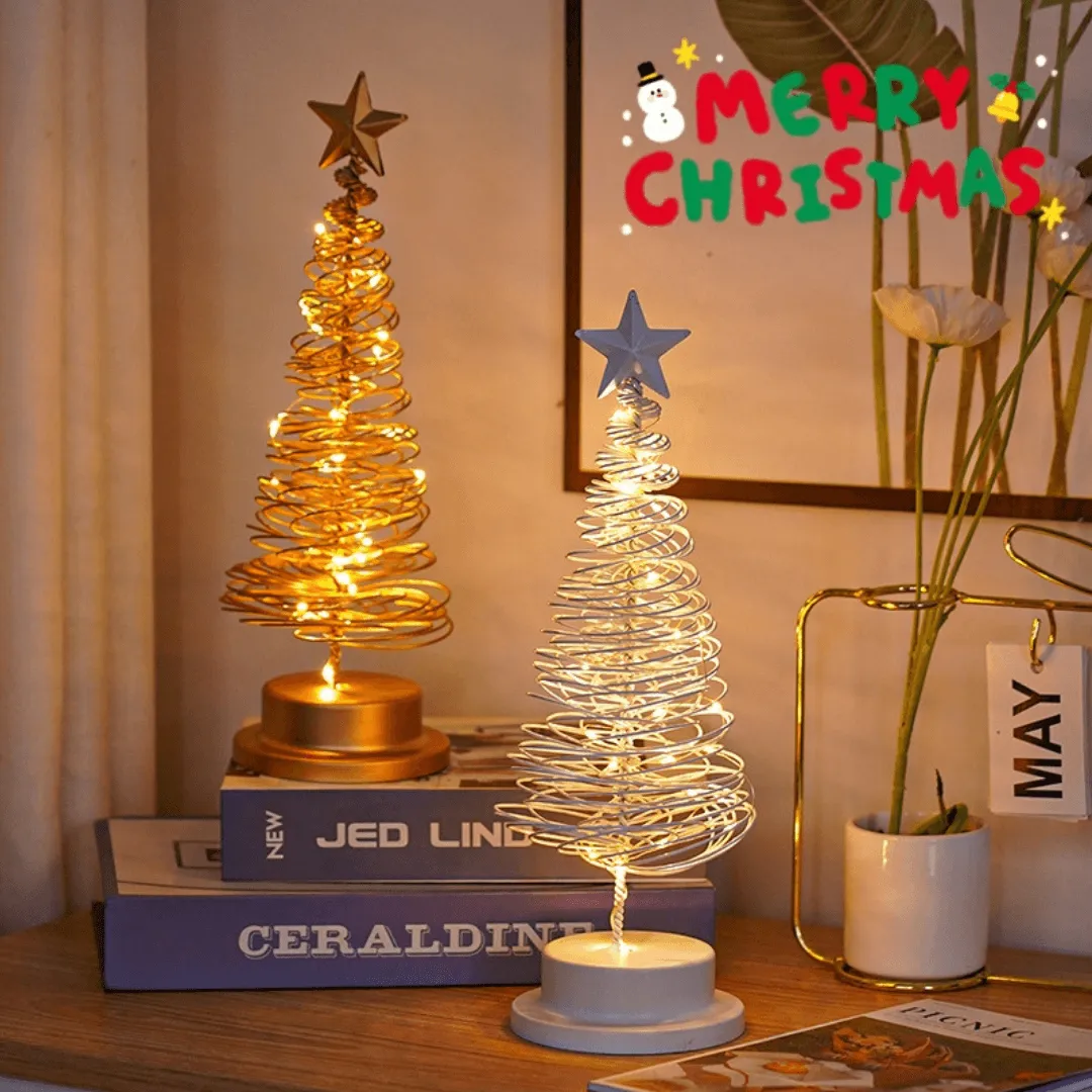 🎄LED Spiral Christmas Tree Light✨Metal Table Ornament | Warm White Desk Lamp & Holiday Night Light Home Décor