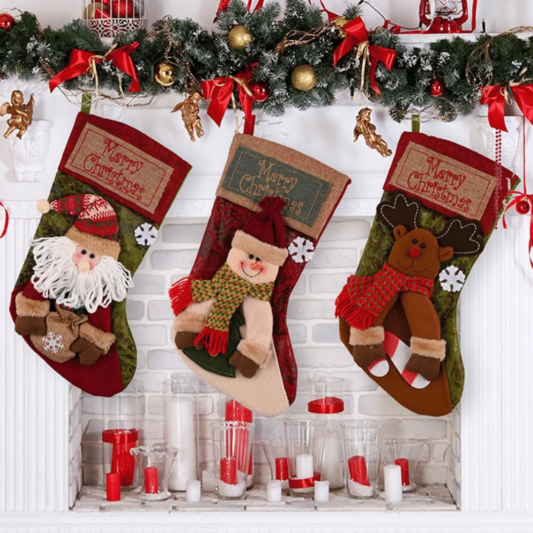 🎅Christmas Stocking Socks – Santa, Snowman & Elk Large Hanging Xmas Fireplace & Tree Decoration Candy Gift Bag🎁