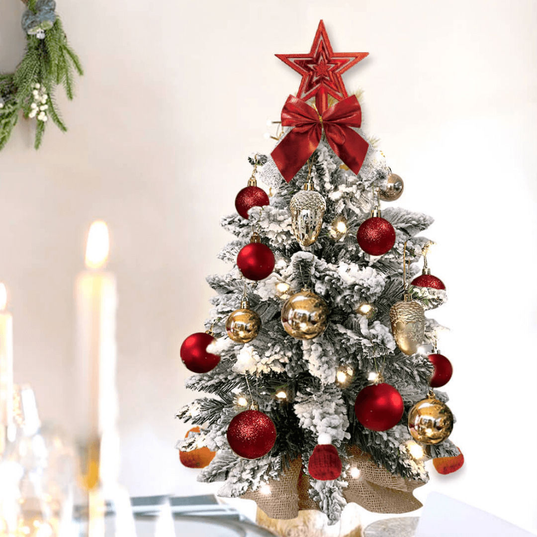 🎅2FT Mini Christmas Tree with Lights & Ornaments Snow-Flocked Tabletop Artificial Xmas Decor for Home & Office✨
