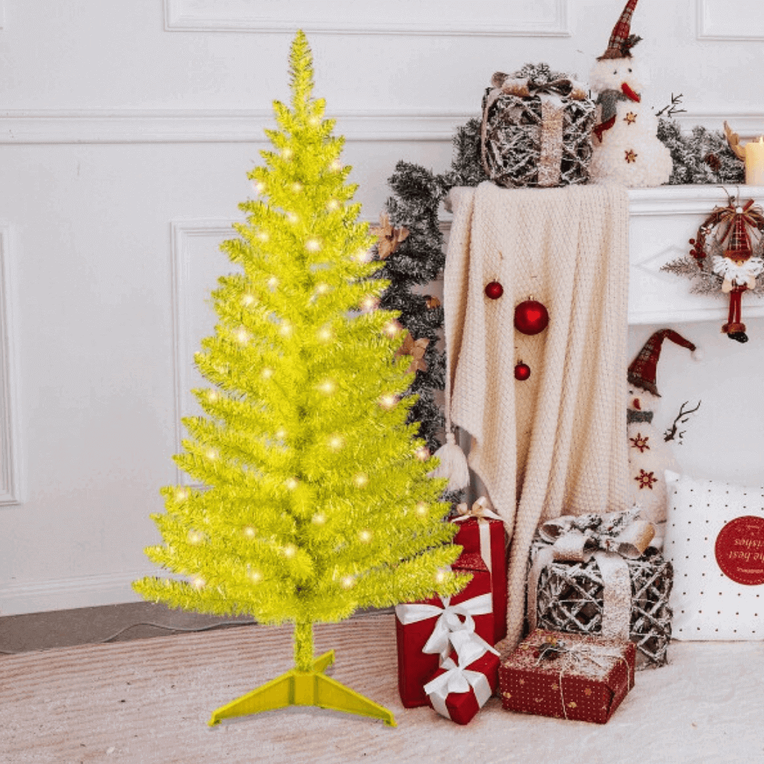 🎅4ft Golden Christmas Tree Pre-Lit Holiday Decorative Tree with 50 UL Lights & 122 Tips – Festive Home & Party Décor🎅