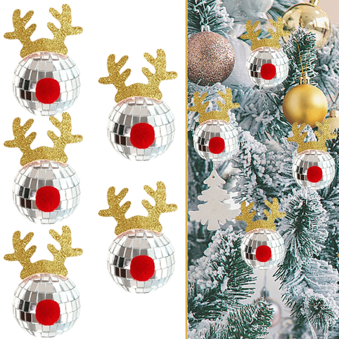 🎅5PCS Silver Disco Mirror Ball Ornaments Reflective Elk Horn Hanging Xmas Decorations for Tree, Parties & Festivals✨