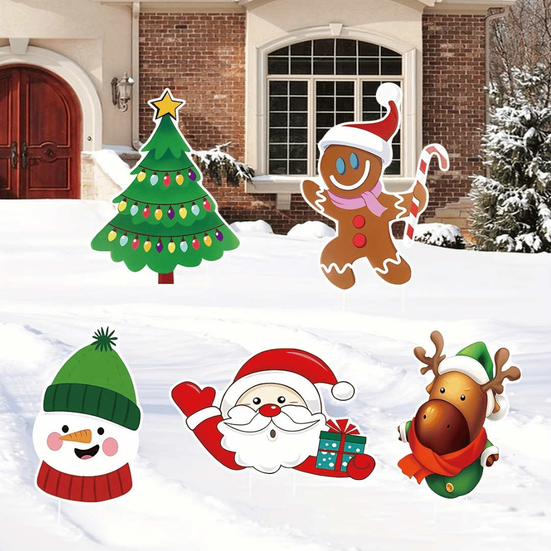 🎅5-Pack Christmas Outdoor Yard Signs with Stakes – Santa, Reindeer, Snowman & Tree Decorations🎄