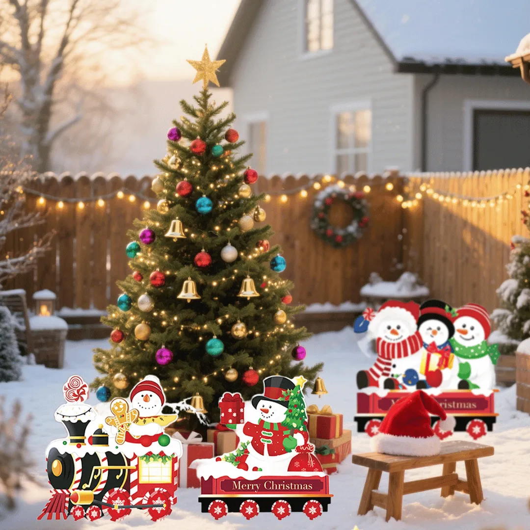 🎅4-Pack Christmas Yard Signs with Stakes – Train, Snowman, Tree & Gift Outdoor Lawn Decorations🎄