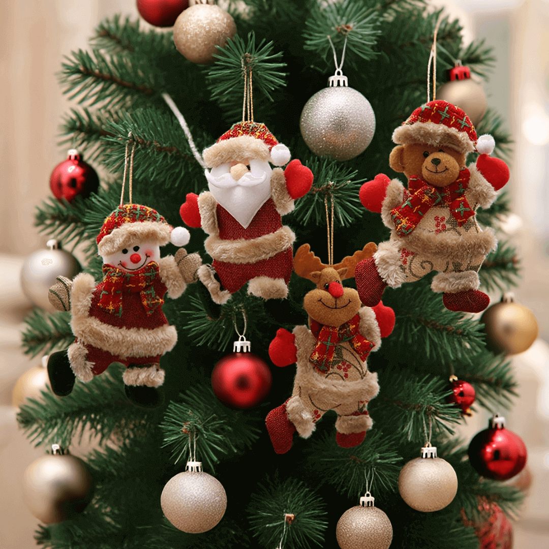 🎅Festive Christmas Tree Ornaments Set Cute Santa, Snowman, Reindeer & Bear Figures with Scarves, Golden Balls & Red Bows🎄
