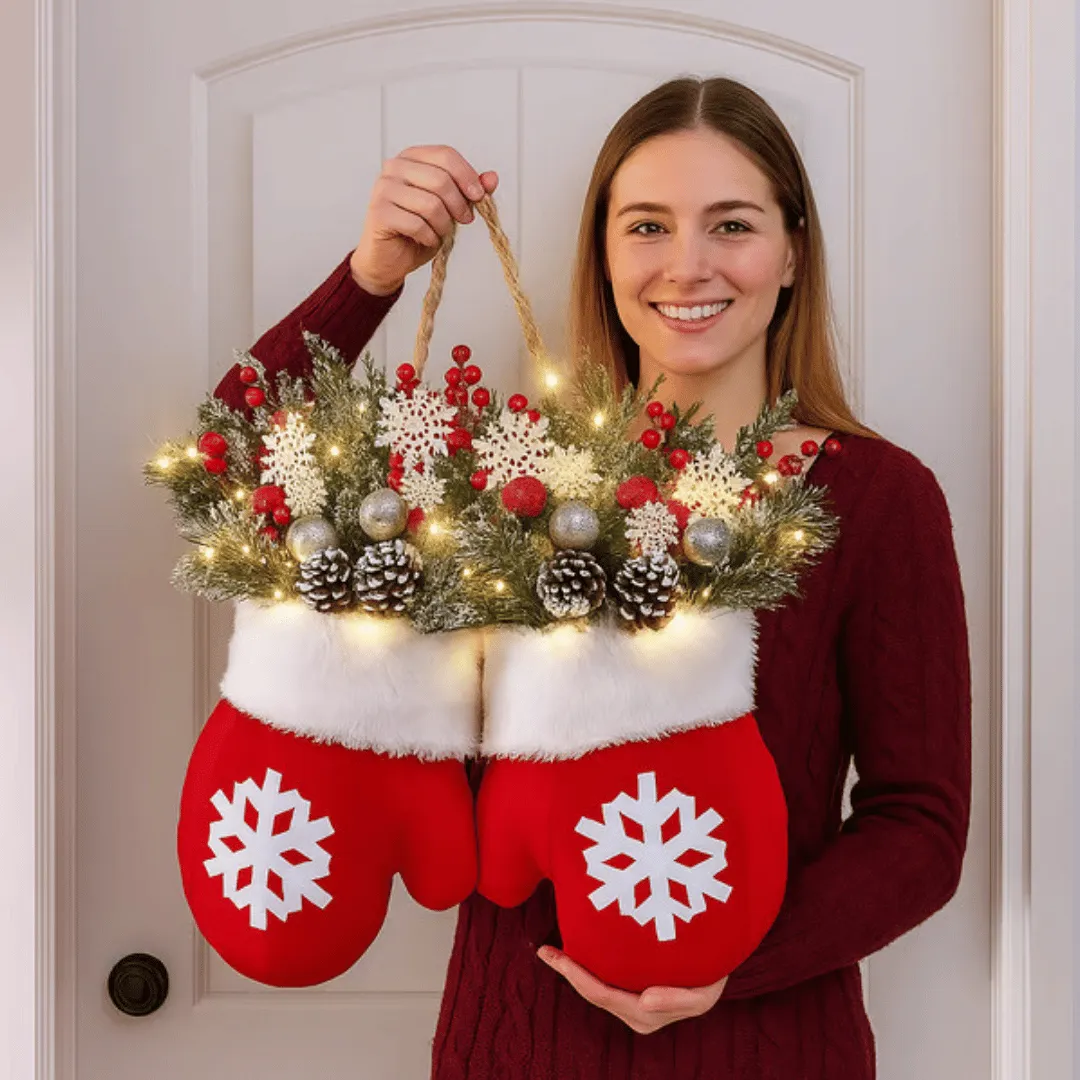 🎅Creative Christmas Glove-Shaped Garland Wreath Festive Door & Window Hanging Decoration with Optional LED Lights🧤