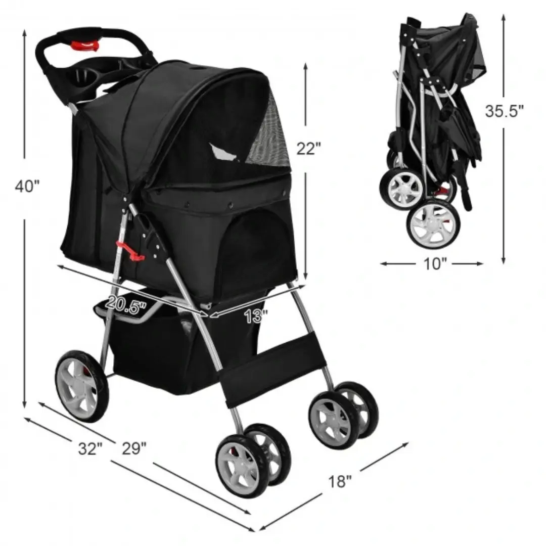 Foldable Four Wheel Pet Stroller Black with Storage Basket