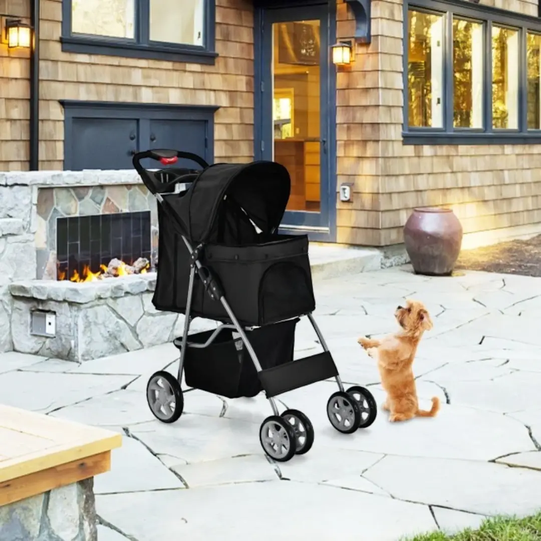 Foldable Four Wheel Pet Stroller Black with Storage Basket