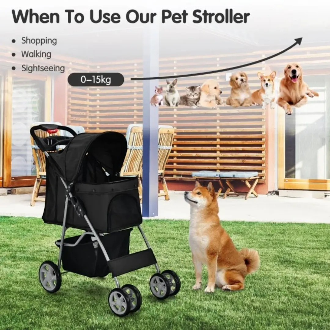 Foldable Four Wheel Pet Stroller Black with Storage Basket