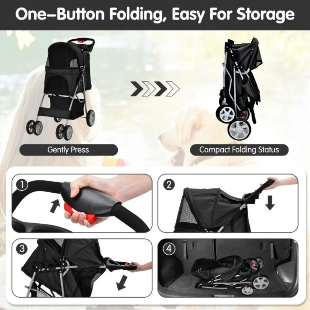 Foldable Four Wheel Pet Stroller Black with Storage Basket