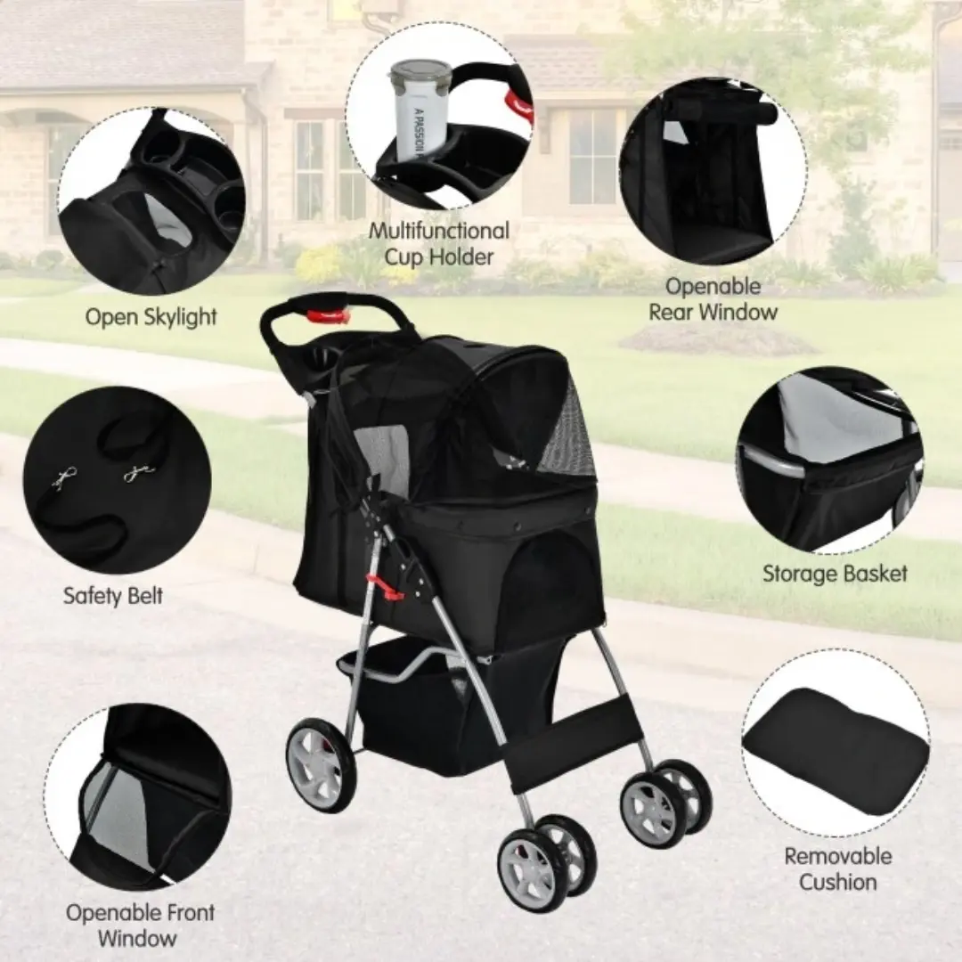 Foldable Four Wheel Pet Stroller Black with Storage Basket