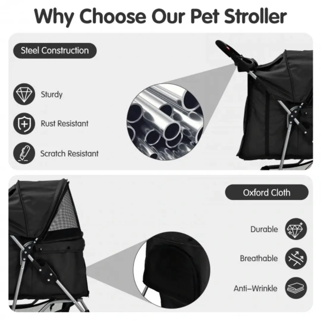 Foldable Four Wheel Pet Stroller Black with Storage Basket