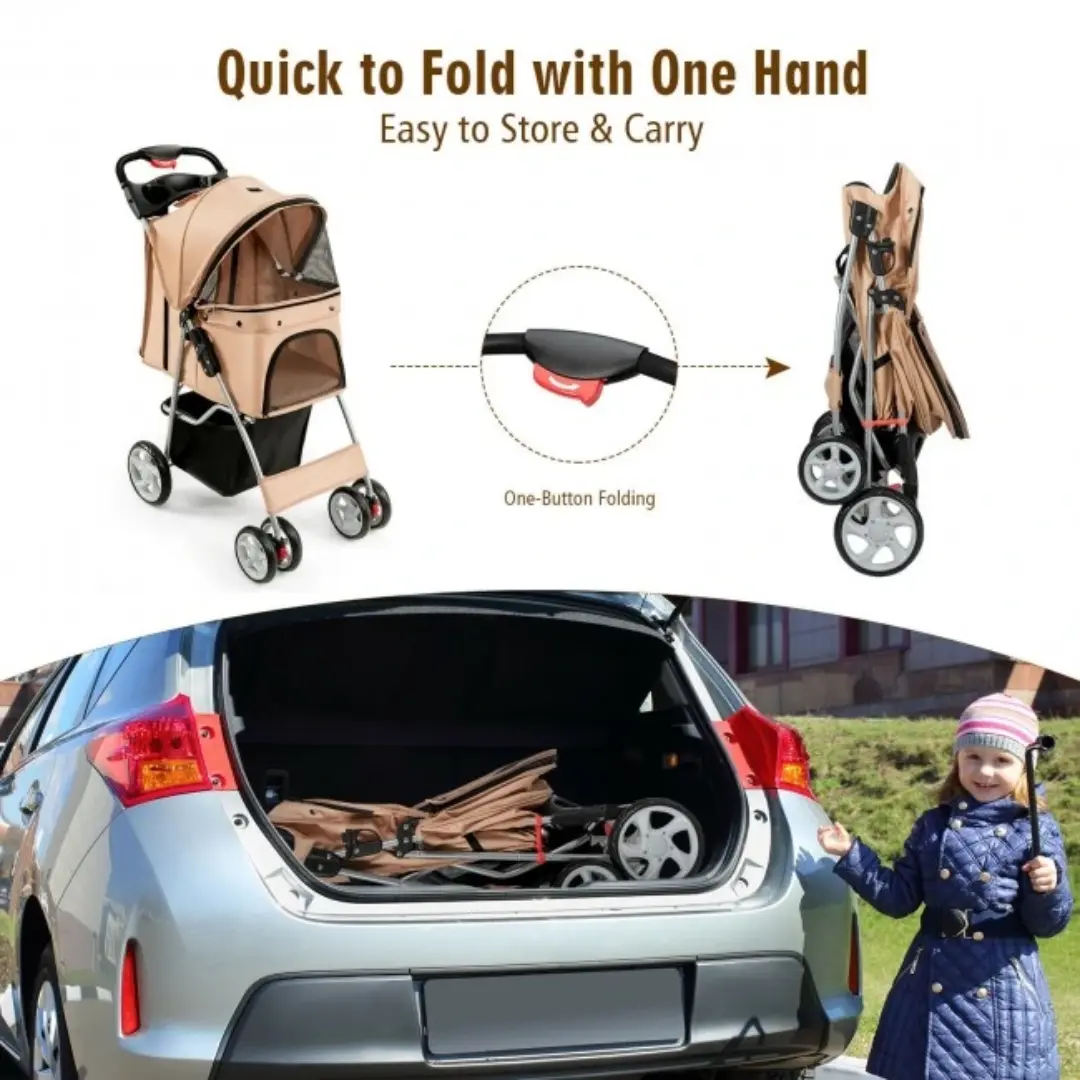 Foldable Four Wheel Pet Stroller Beige with Storage Basket