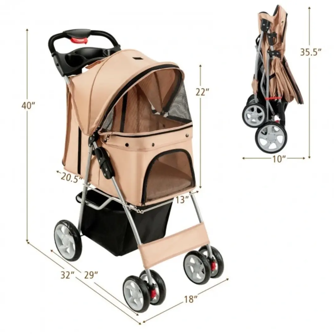 Foldable Four Wheel Pet Stroller Beige with Storage Basket