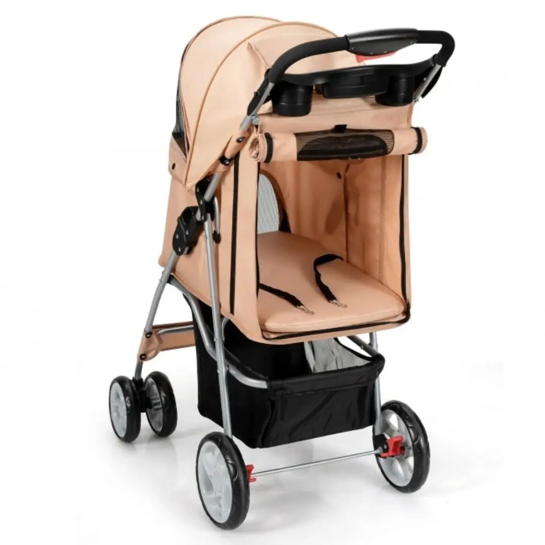 Foldable Four Wheel Pet Stroller Beige with Storage Basket