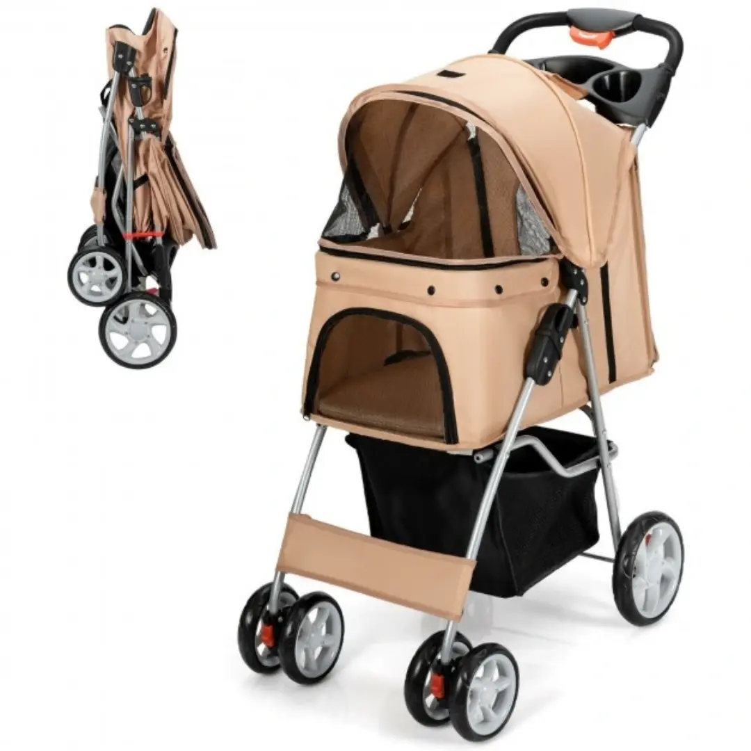 Foldable Four Wheel Pet Stroller Beige with Storage Basket