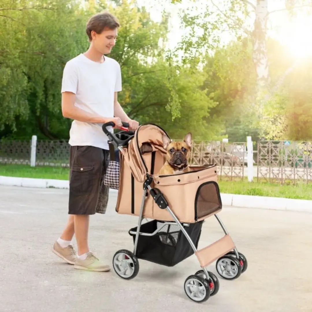 Foldable Four Wheel Pet Stroller Beige with Storage Basket