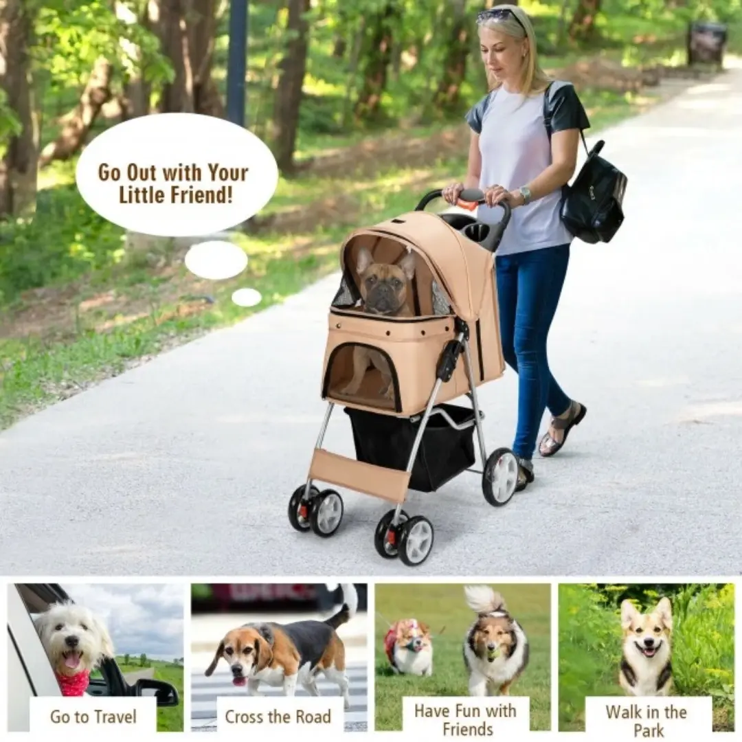 Foldable Four Wheel Pet Stroller Beige with Storage Basket