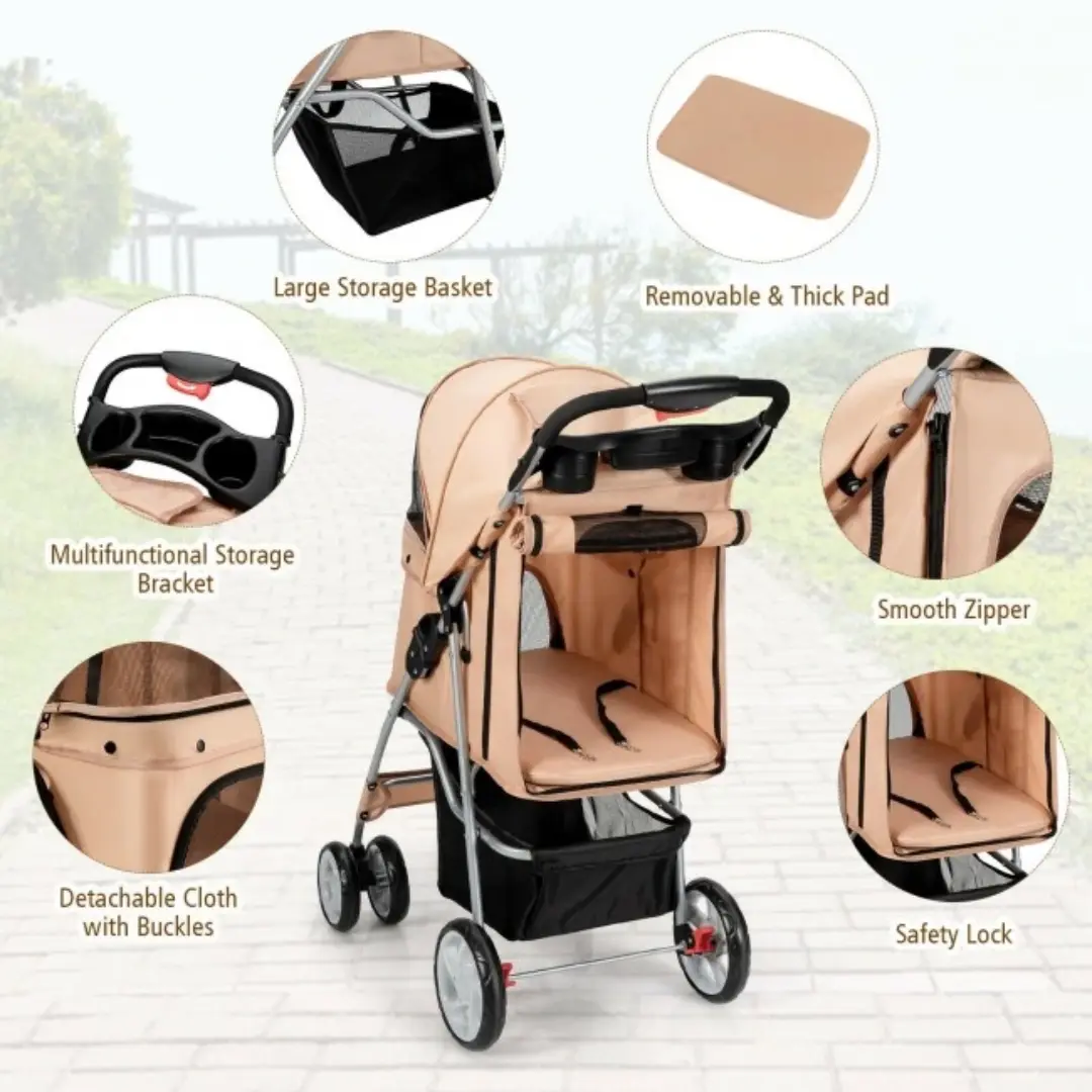 Foldable Four Wheel Pet Stroller Beige with Storage Basket