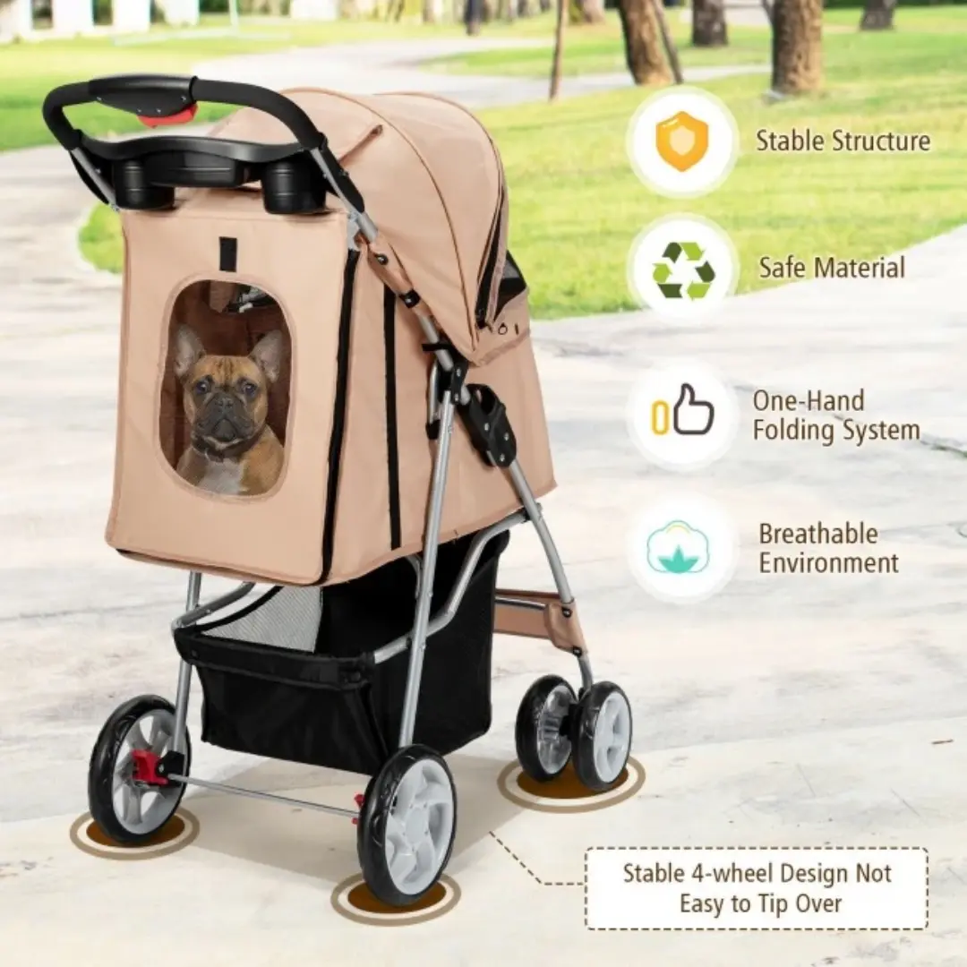 Foldable Four Wheel Pet Stroller Beige with Storage Basket