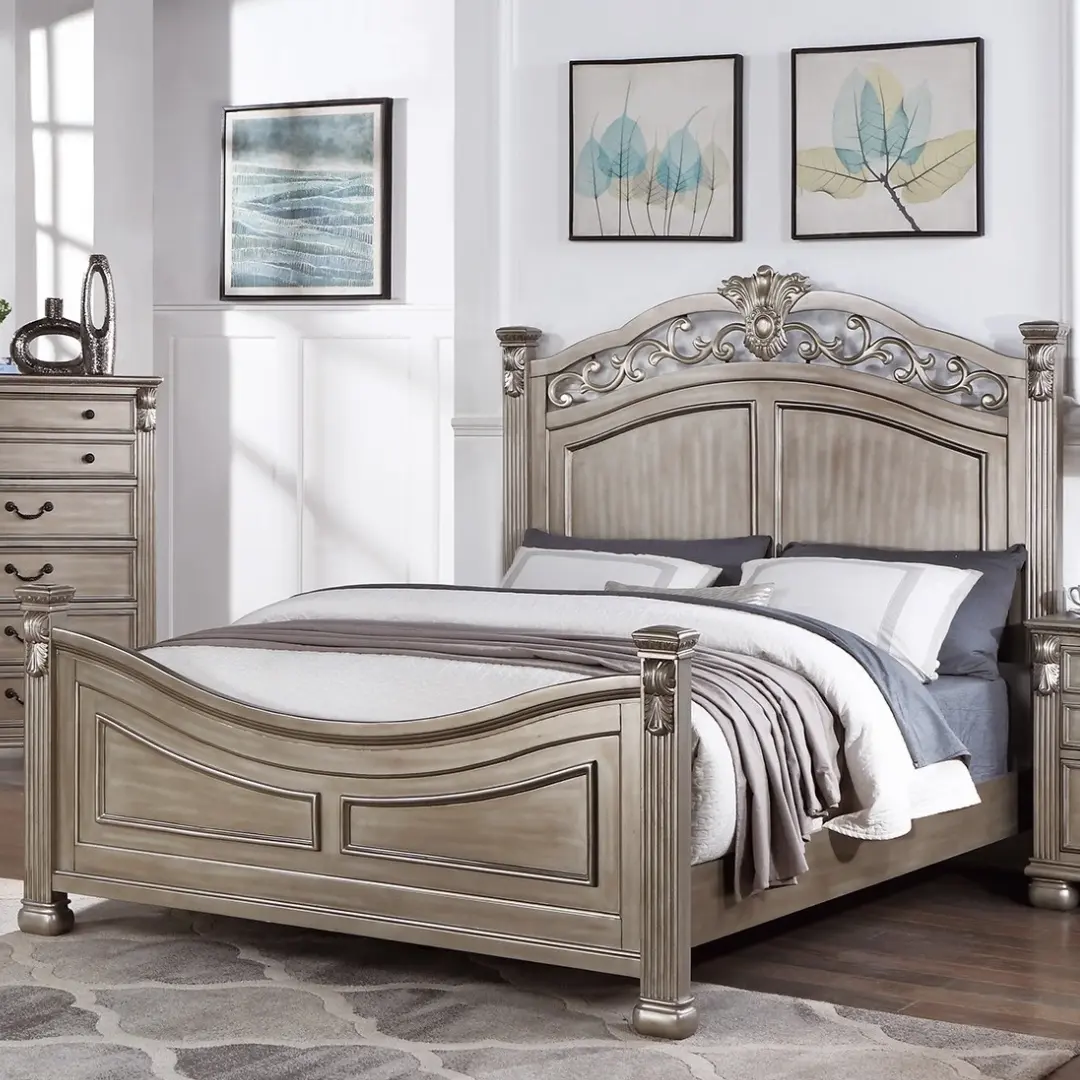 King Size Antique Silver 1pc California Bed Unique Design Formal Traditional Headboard Footboard Bedframe