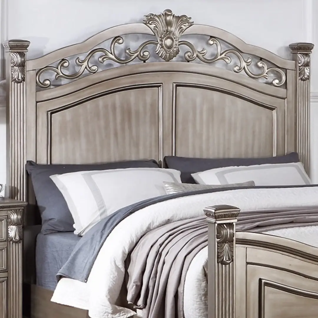 King Size Antique Silver 1pc California Bed Unique Design Formal Traditional Headboard Footboard Bedframe