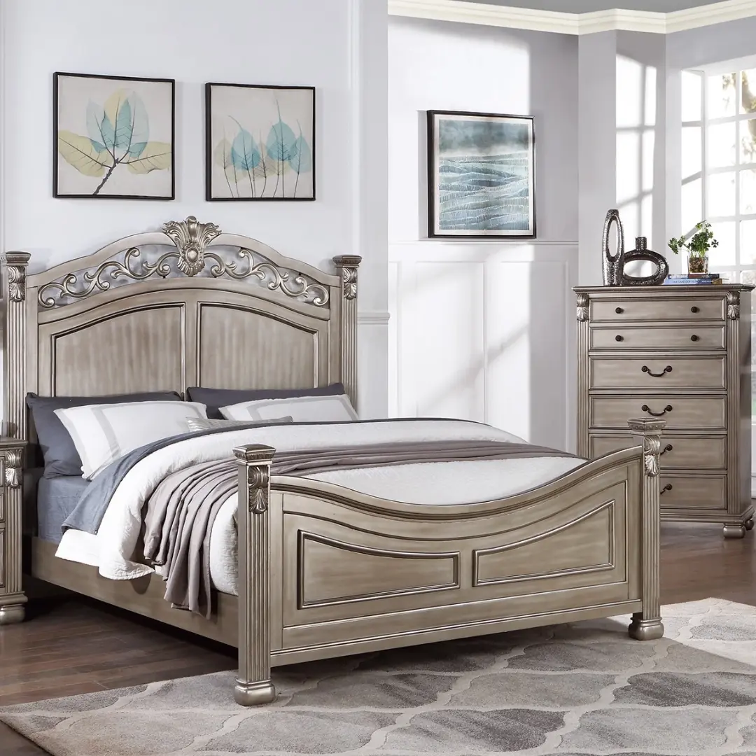 King Size Antique Silver 1pc California Bed Unique Design Formal Traditional Headboard Footboard Bedframe