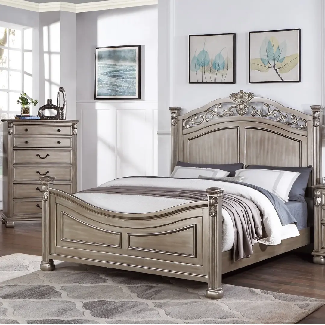 Queen Size Antique Silver 1pc California Bed Unique Design Formal Traditional Headboard Footboard Bedframe