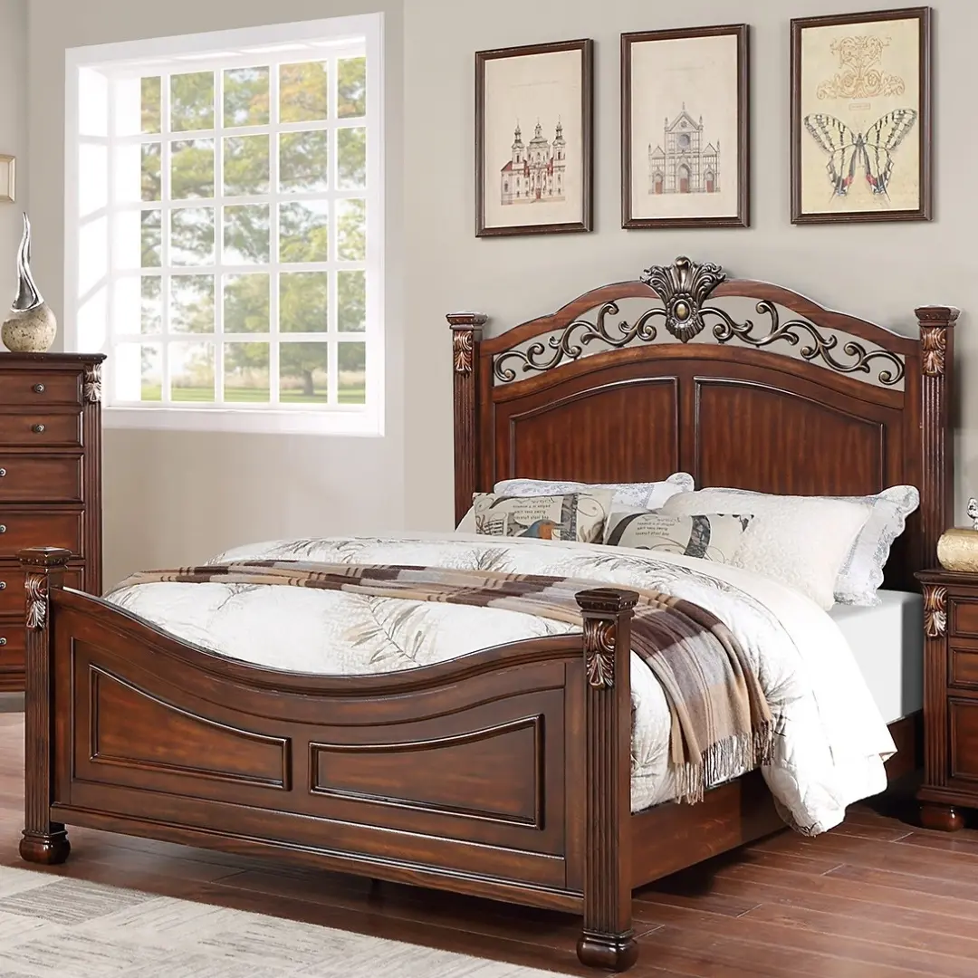 Queen Size Dark Cherry 1pc California Bed Unique Design Formal Traditional Headboard Footboard Bedframe