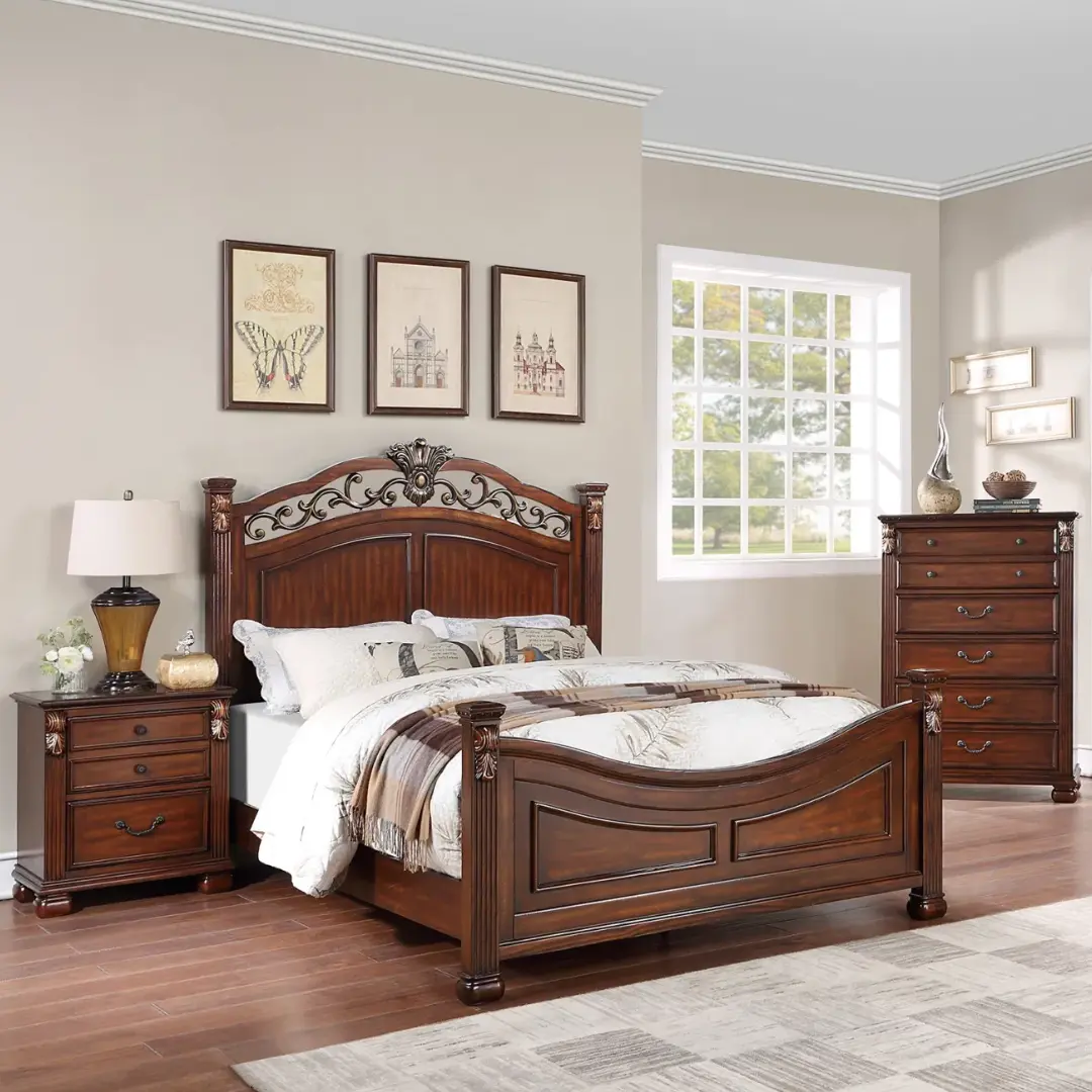 Queen Size Dark Cherry 1pc California Bed Unique Design Formal Traditional Headboard Footboard Bedframe