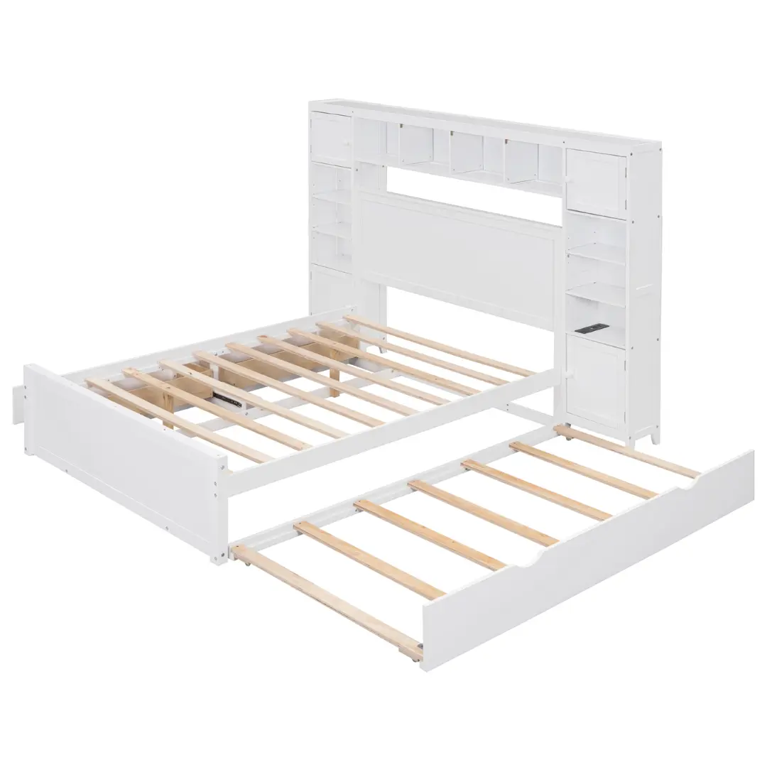 Full Size White Wooden Bed With All-In-One Cabinet Shelf and Socket