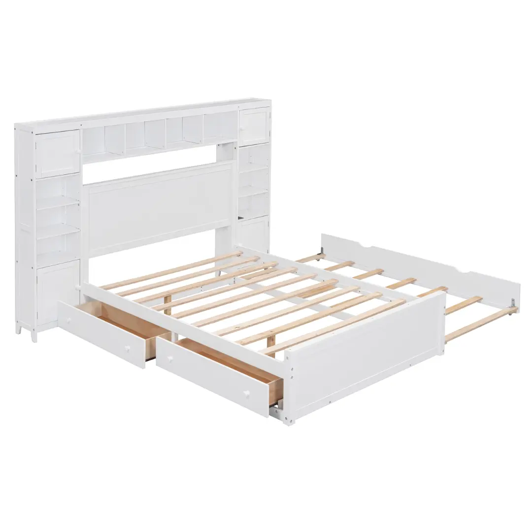 Full Size White Wooden Bed With All-In-One Cabinet Shelf and Socket