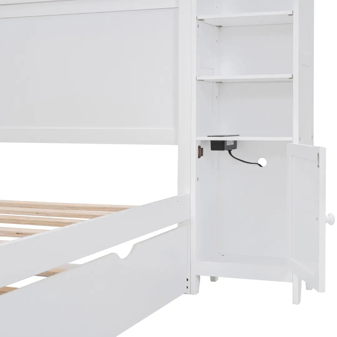 Full Size White Wooden Bed With All-In-One Cabinet Shelf and Socket