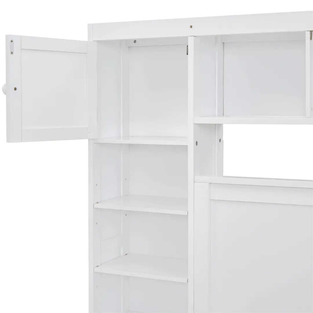 Full Size White Wooden Bed With All-In-One Cabinet Shelf and Socket