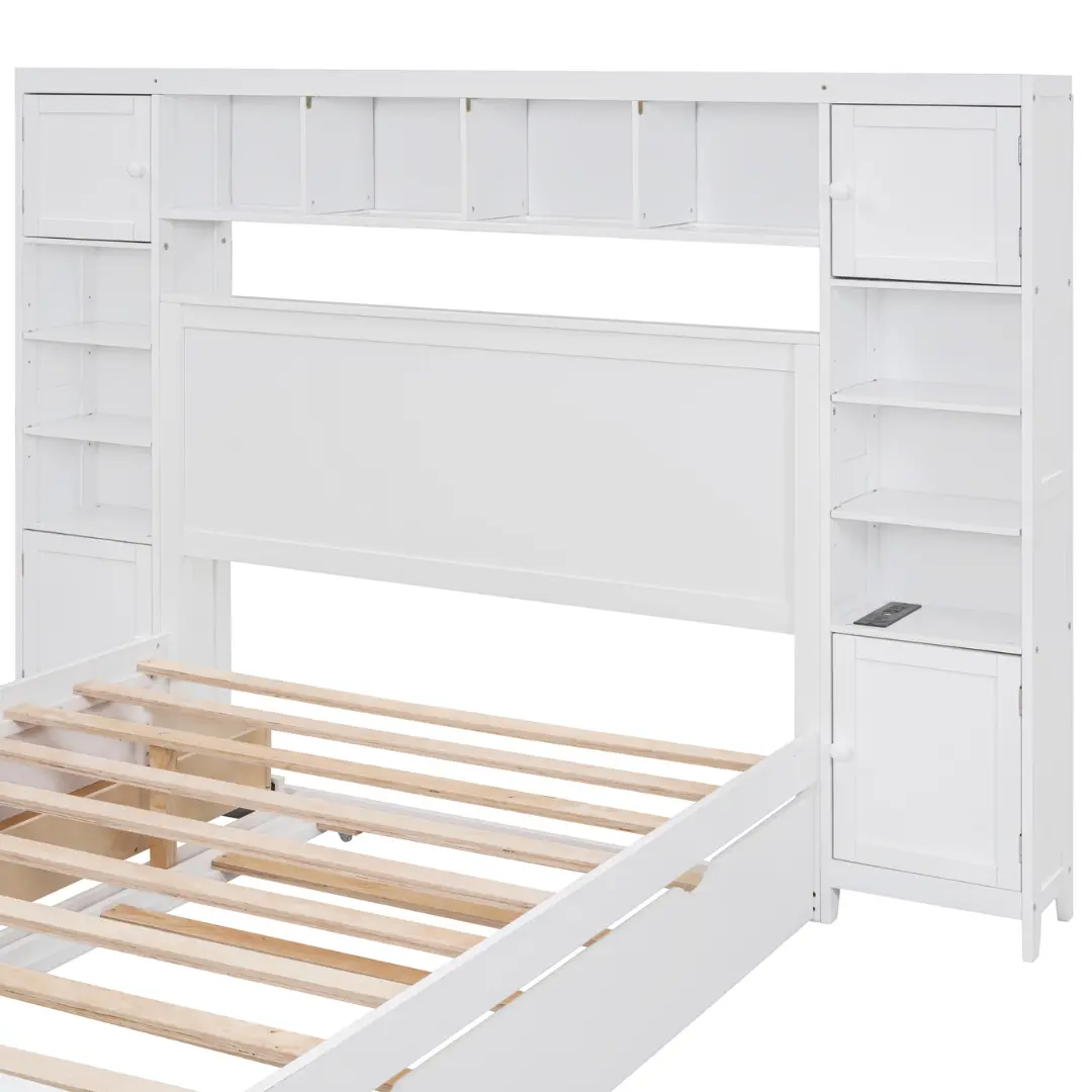 Full Size White Wooden Bed With All-In-One Cabinet Shelf and Socket