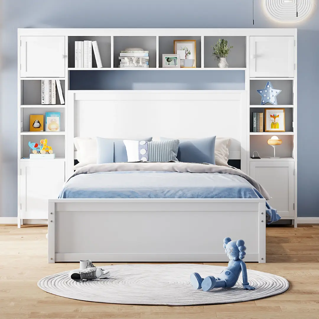 Full Size White Wooden Bed With All-In-One Cabinet Shelf and Socket