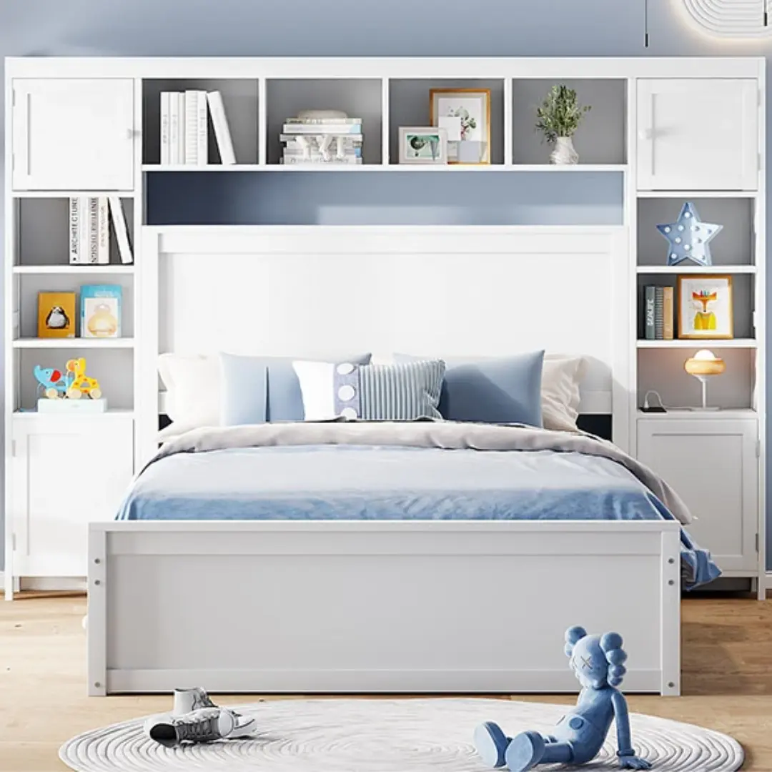 Full Size White Wooden Bed With All-In-One Cabinet Shelf and Socket