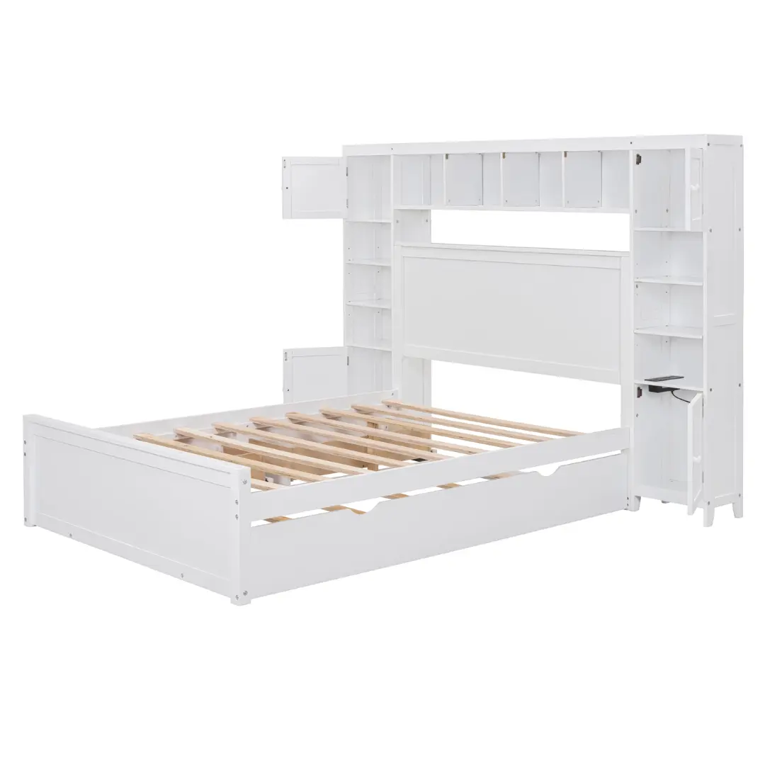 Full Size White Wooden Bed With All-In-One Cabinet Shelf and Socket