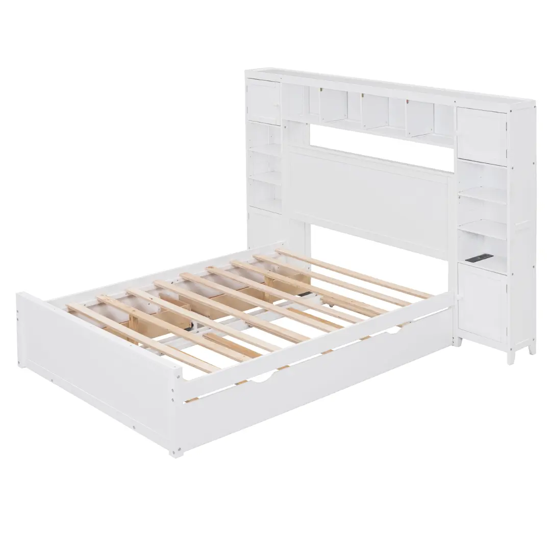 Full Size White Wooden Bed With All-In-One Cabinet Shelf and Socket