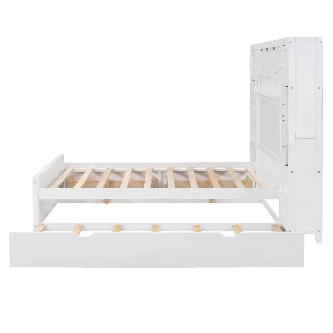 Full Size White Wooden Bed With All-In-One Cabinet Shelf and Socket