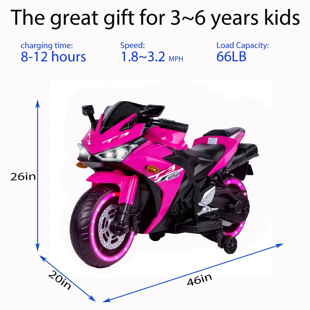 12V Pink Motorcycle for Kids 3 to 6 Years With Training Wheels