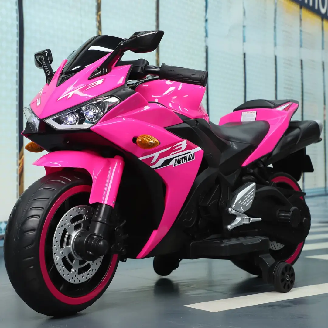 12V Pink Motorcycle for Kids 3 to 6 Years With Training Wheels