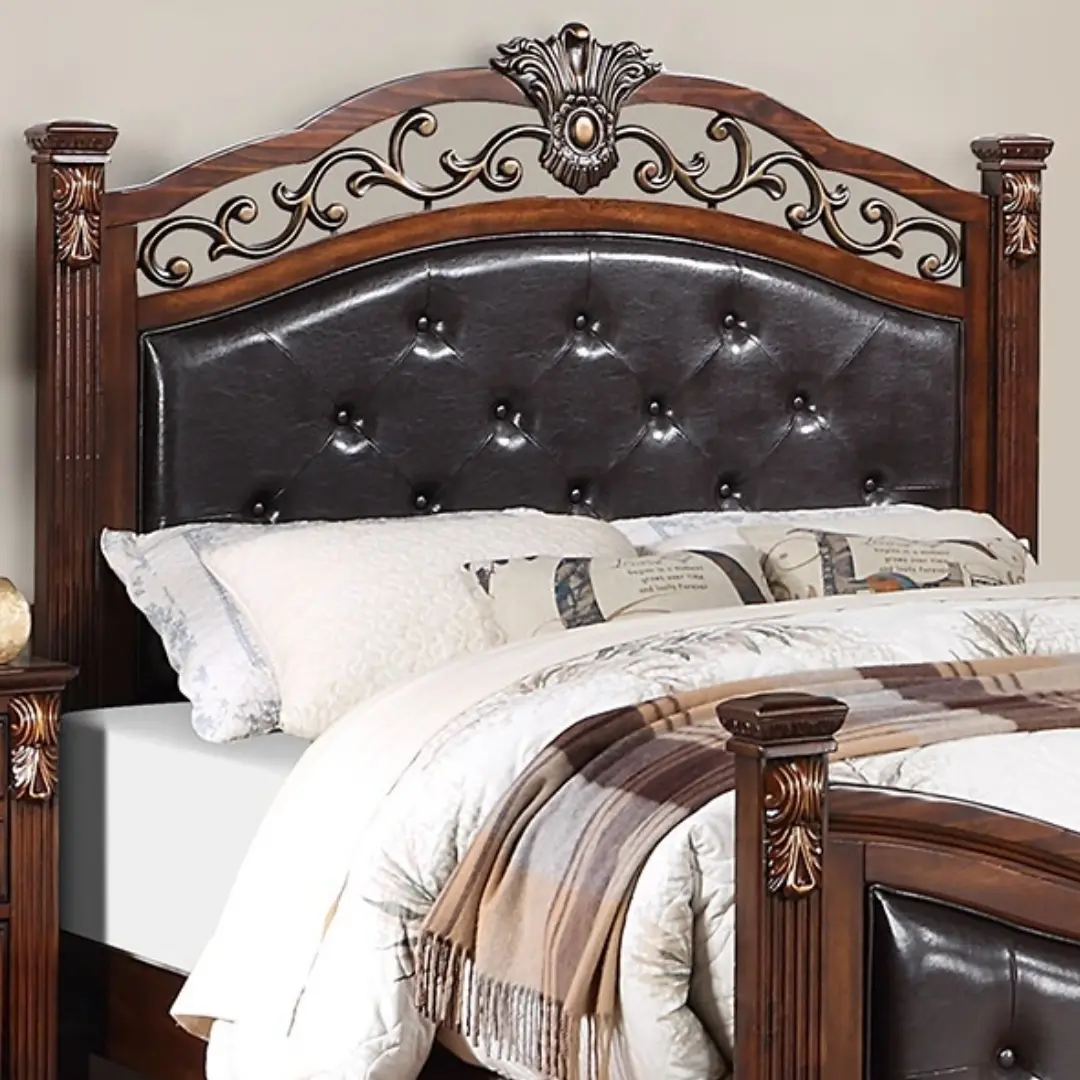 King Size Formal Traditional Dark Cherry 1pc Bed Tufted Faux Headboard Footboard