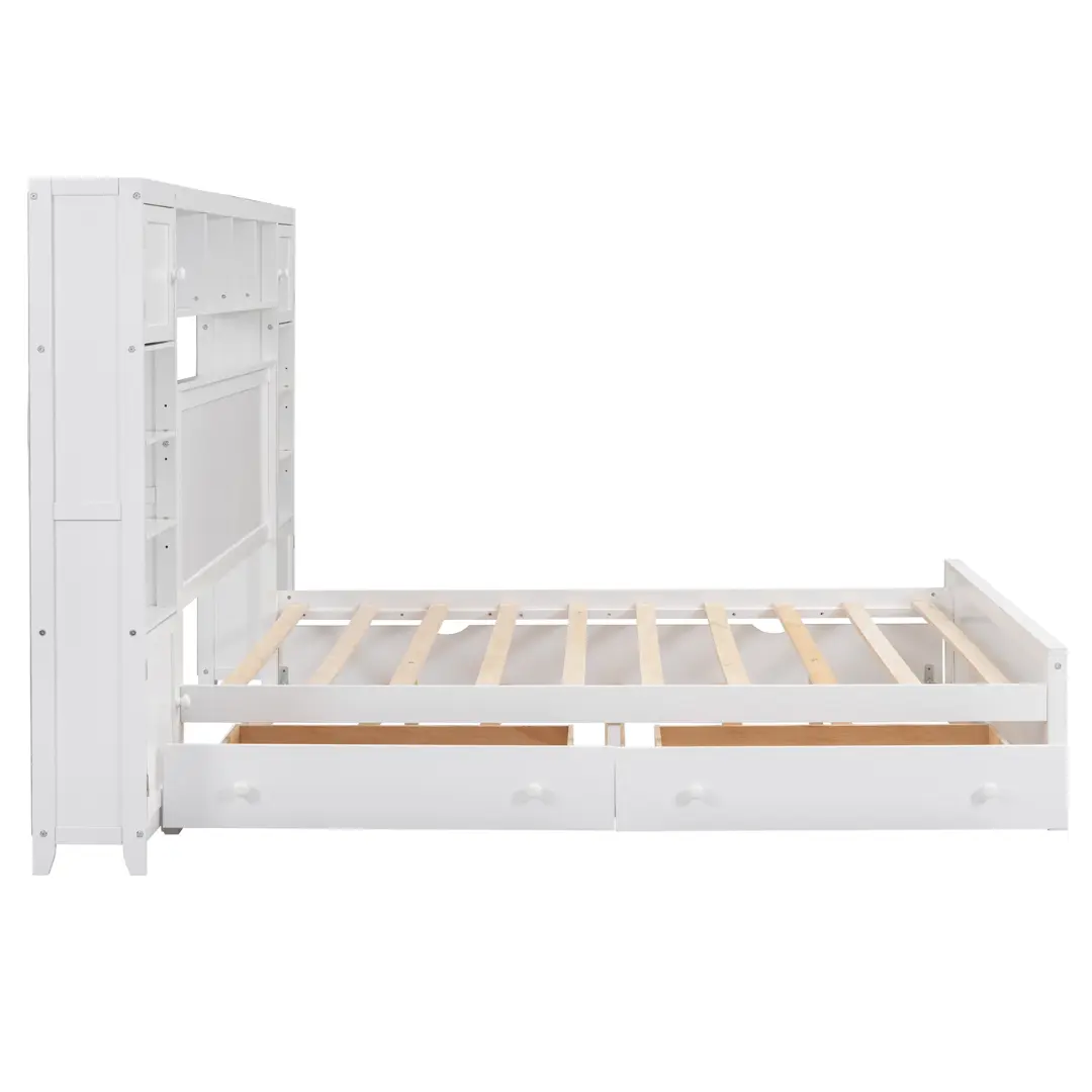 Queen Size White Wooden Bed With All-In-One Cabinet Shelf and Socket