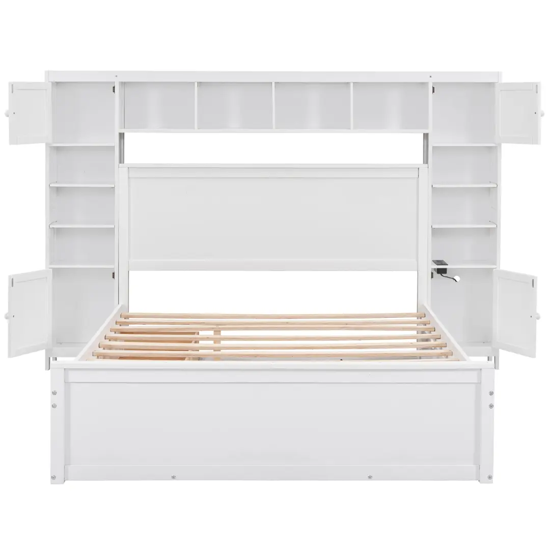 Queen Size White Wooden Bed With All-In-One Cabinet Shelf and Socket