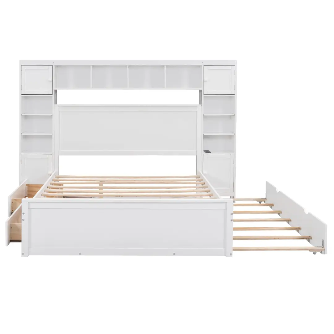 Queen Size White Wooden Bed With All-In-One Cabinet Shelf and Socket