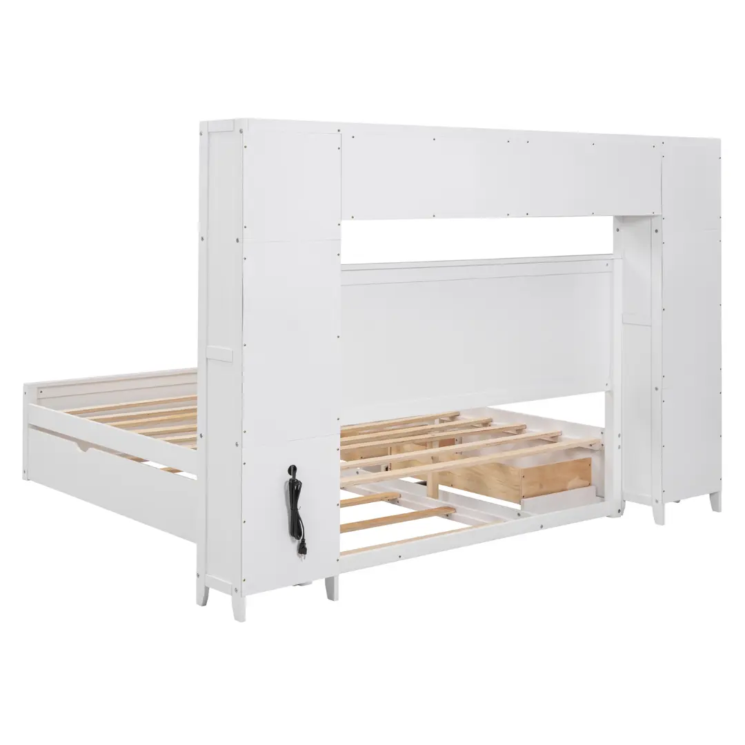 Queen Size White Wooden Bed With All-In-One Cabinet Shelf and Socket